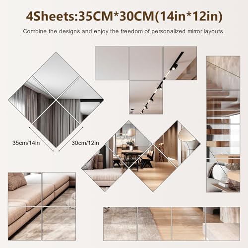 Image of Shiftshade Mirror Wall Full Length,12X14 Inch Unbreakable Mirror Tiles for Bedroom Home Gym Door, Acrylic Mirror Full Body Shatterproof Mirror Stickers for Walls,Mirror Sheets (4pcs)
