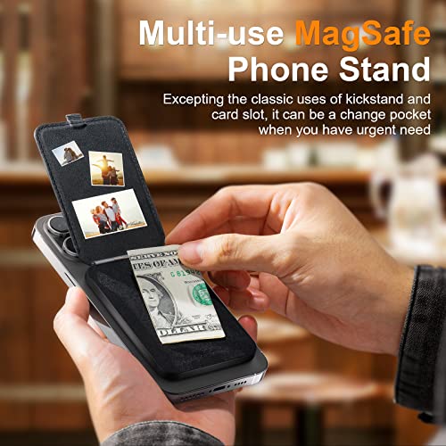 Qilmii Compatible Magsafe Wallet Stand For Apple, Skin Friendly Leather Card Slot With Adjustable Kickstand & Holder, Fit For Iphone 14/13/12 Series (Cool Black) #TOP5