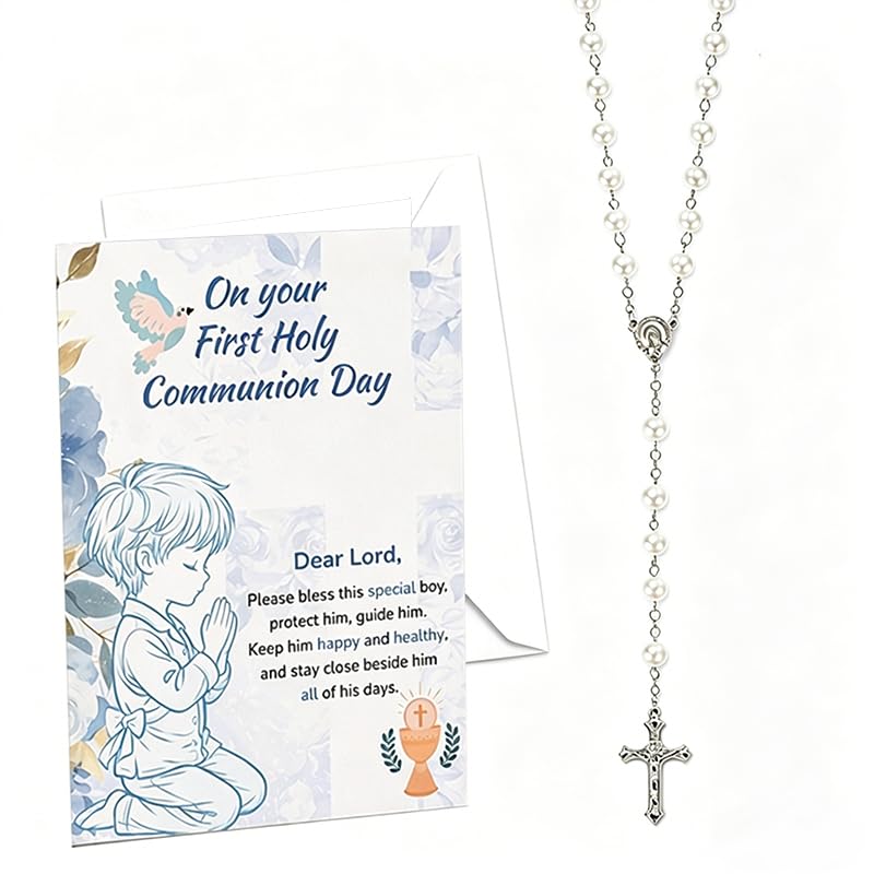 First Communion Gifts Boy Set with Rosary & Pouch - Holy Communion Gifts For Boys Keepsake - Holy Communion Card with Prayer & Cross Necklace, Religious Present for Boys, Son, Grandson