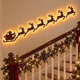 Aukojoy Decoración de pared LED de reno, iluminación festiva, 7 piezas de decoración navideña de renos de madera con iluminación 3D, luces de silueta de pared brillantes, para decoración de fiesta de