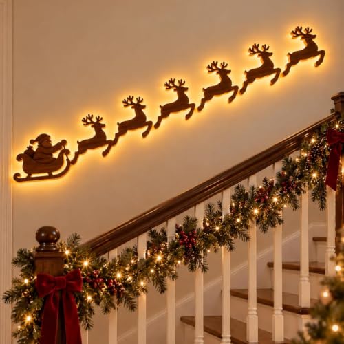 Aukojoy Decoración de pared LED de reno, iluminación festiva, 7 piezas de decoración navideña de renos de madera con iluminación 3D, luces de silueta de pared brillantes, para decoración de fiesta de