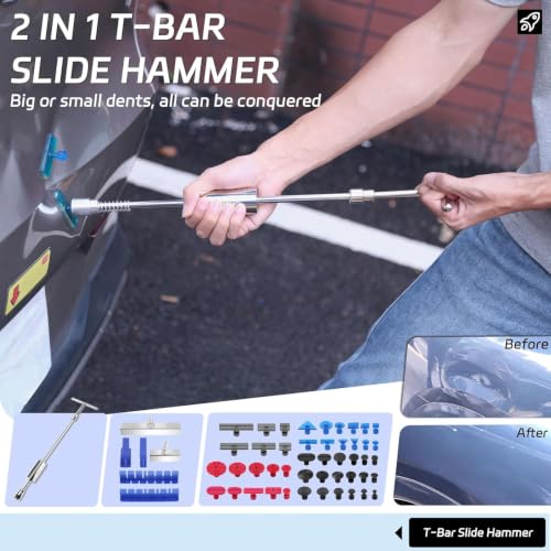 Image of Professional Car Dent Repair Kit - 2-in-1 Slide Hammer T-Bar Bridge Puller with 100W Hot Glue Gun Rubber Hammer and 76 Tabs - for Auto Body Paintless Removal on Vehicles Appliances and Metal Surfaces