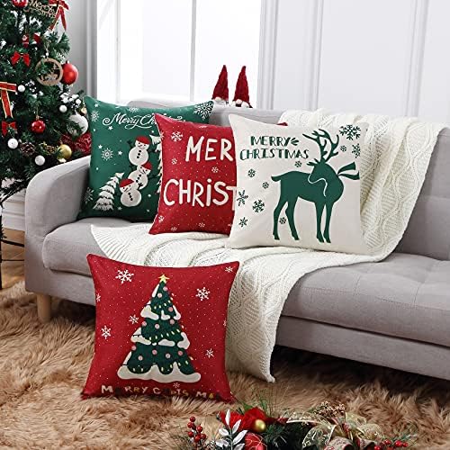 Christmas Cushion Cover Set of 4 Christmas Decorations Pillow Covers 45 x 45 cm Square Xmas Cushion Covers Red and Greeen Christmas Pillow Cases for Sofa Home Decor 18 x 18 Inch