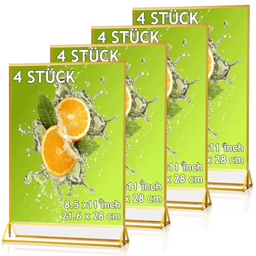 EOGRFW 4 Stück Acryl Schilderhalter mit Goldrand,A4 Bilderrahmen mit Goldenen Rändern und Vertikalem Ständer,Tischaufsteller A4,Doppelseitige Bilderrahmen Gold für Hochzeitsti Schnummern,Restaurant