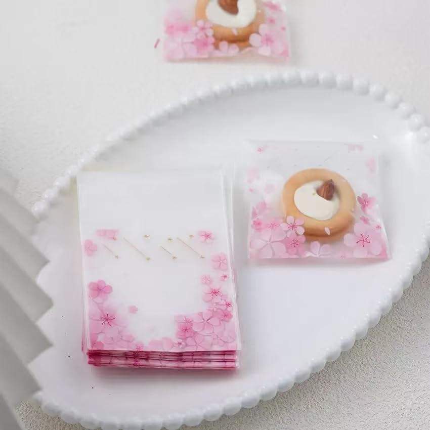お菓子袋 半透明 200枚入 個包装袋 粘着テープ付 厚手 OPP袋 クッキー マカロン ラッピングバッグ 小分け 製菓用品 食品対応 ギフトバッグ バレンタイン 誕生日 包装袋 (桜柄, 10*10cm)