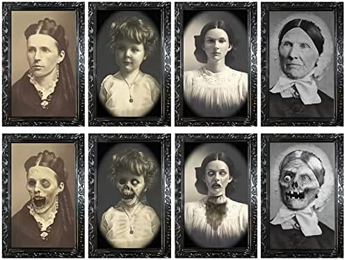4 Pack Halloween Creepy Portrait Decorations, 3D Changing Face Scary Picture Frames For Halloween Decorations Indoor, Horror Party Decor