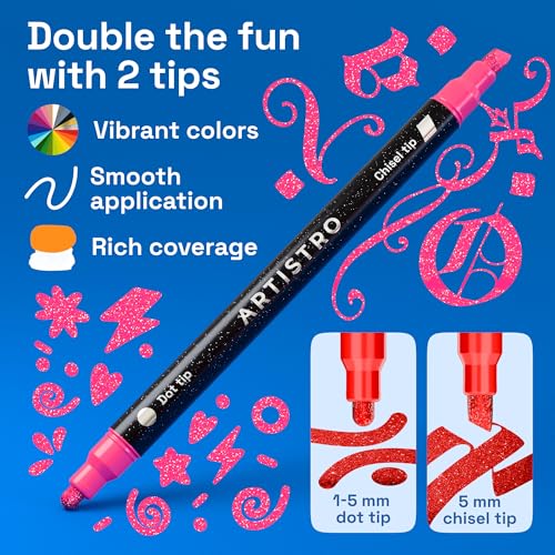Image of ARTISTRO 24 Shimmering Glitter Dual-Tip Paint Pens - Sparkly Markers with Acrylic Ink for Rock, Ceramic, Wood, Fabric, & More - Dot + Chisel Tips