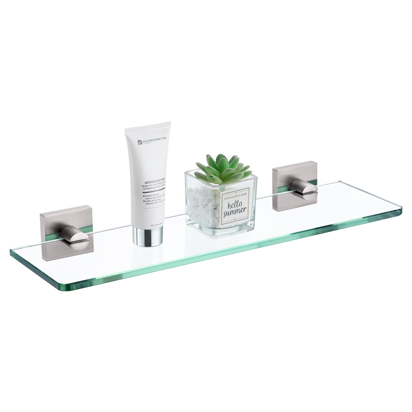 KOKOSIRI Glass Shelf for Bathrooms Wall Mount Floating Shelves 16-Inch for Shower Storage Kitchen Hanging Rack, Brushed Stainless Steel B1107BR-L16