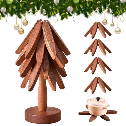Wooden Tree Placemat Set for Hot Dishes, Tripod Stand, Coasters, 4+1Pieces?hot Pads for Kitchen?trivets for hot Dishes?Wooden trivets for hot Dishes?Walnut Color?