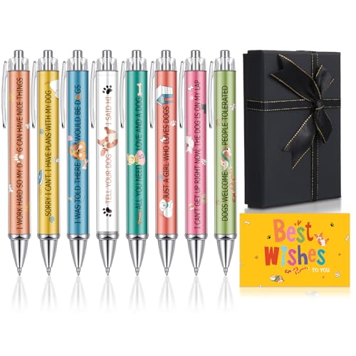 Sayglossy 8 Pcs Dog Lover Ballpoint Pens Retractable Black Ink Cartoon Dog Lover Pen with Black Gift Box and Greeting Card for Women Men Teacher Students Gifts Journaling School Office Supplies