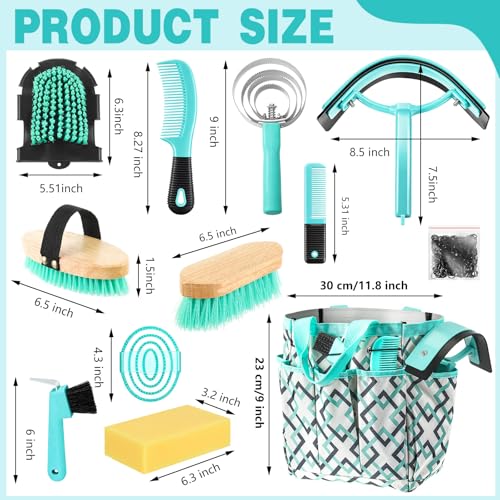 Abbylike 12 Piece Horse Grooming Kit with Organizer Tote Bag Brush Sets for Derby Day Show Horses Professional Tools for Care & Massage(Mint Green and Grey) - Image 3