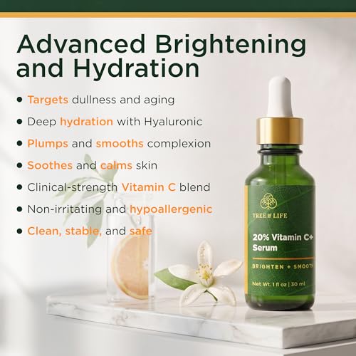 Image of Tree of Life 20% Vitamin C+ Serum for Face - Brightening and Hydrating Face Oil for Dark Spots and Fine Lines - Suitable for Sensitive Skin - Dermatologist Tested Skin Care - 1 Fl Oz