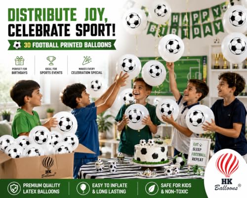 Image of HK Balloons 30 Pcs Football Printed Balloons for Football Theme Birthday Party Decorations | Soccer Ball Printed Latex Balloons for Kids Boys Sports Theme Party, School Events & Celebrations | White