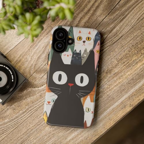 Coque iPhone 16 Plus chats colorés et grand chat noir rigide mate