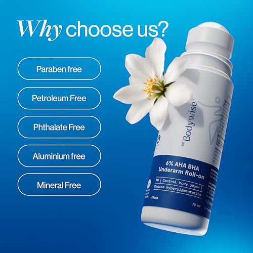 Image of Be Bodywise 6% AHA BHA Underarm Roll-on Deodorant for Even Tone Skin,Reduces Body Odor & Pigmentation | 1% Mandelic, 4% Lactic, 1% Salicylic & Kojic Acid, Alcohol & Aluminum Free |Flora Fragrance,75ml