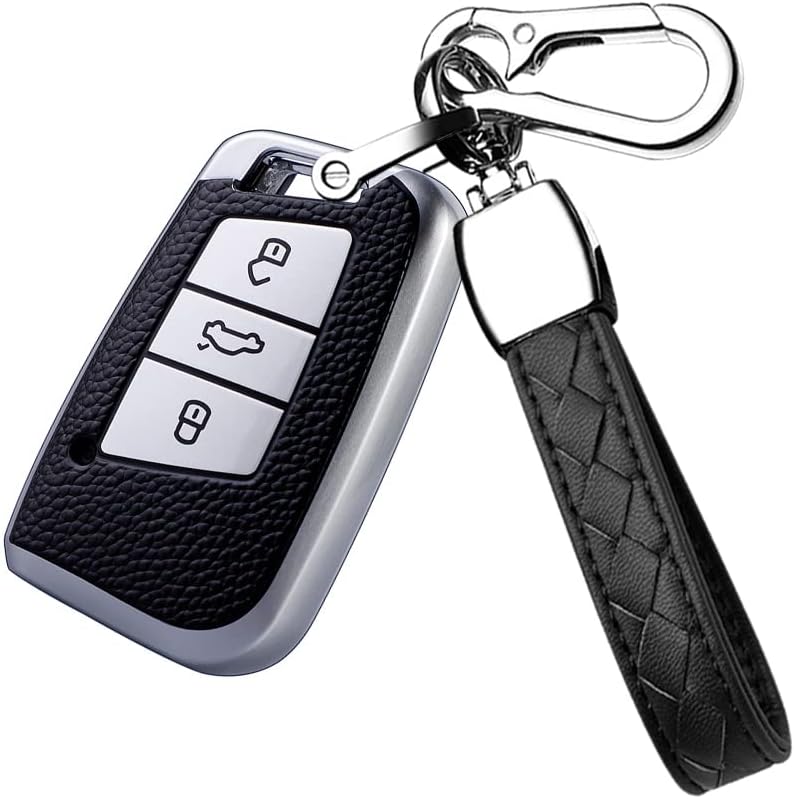 HIBEYO TPU Car Key Fob Cover with Keychain fits for Volkswagen VW Atlas Golf Alltrack Jetta Passat Tiguan Arteon Car Key Case Cover Jacket Leather Texture Smart Remote Car Key Holder 3 Button Silver