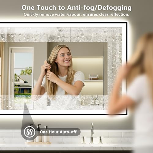 Image of 60x40 Inch LED Bathroom Mirror with Lights (Front Lit and Backlit) Black Framed Lighted Vanity Mirror for Bathroom Wall Dimmable Anti-Fog Memory Tempered Glass Horizontal /Vertical