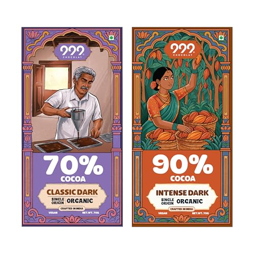 Image of 999 Chocolat 70% & 90% Dark Chocolate (Pack of 2 (140g))| Organic, Handmade Vegan Couverture Bar with Coconut Sugar | No Refined Sugar, No Preservatives, No Hydrogenated Fat | Crafted in India