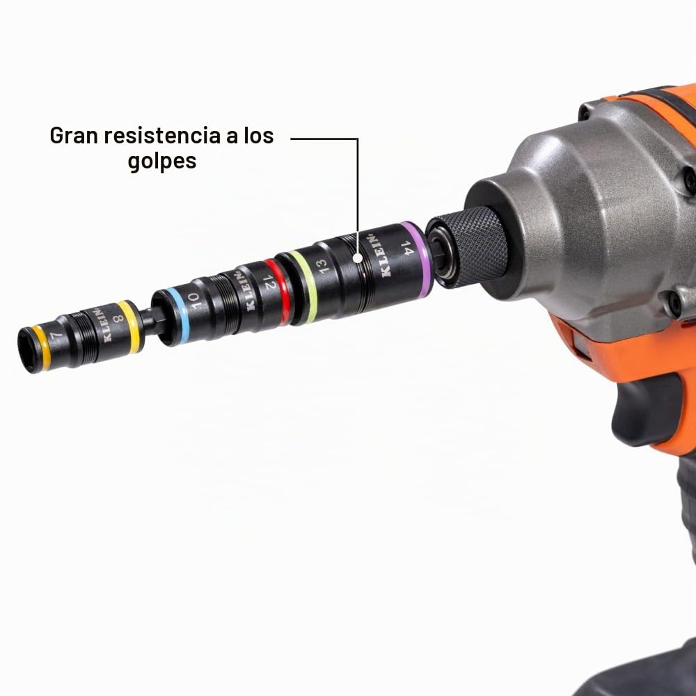 Klein Tools 32933M | Juego de vasos impact 6 en 1 métricos | Medidas 7 8 10 12 13 14 mm | Herramienta profesional para atornilladores de impacto
