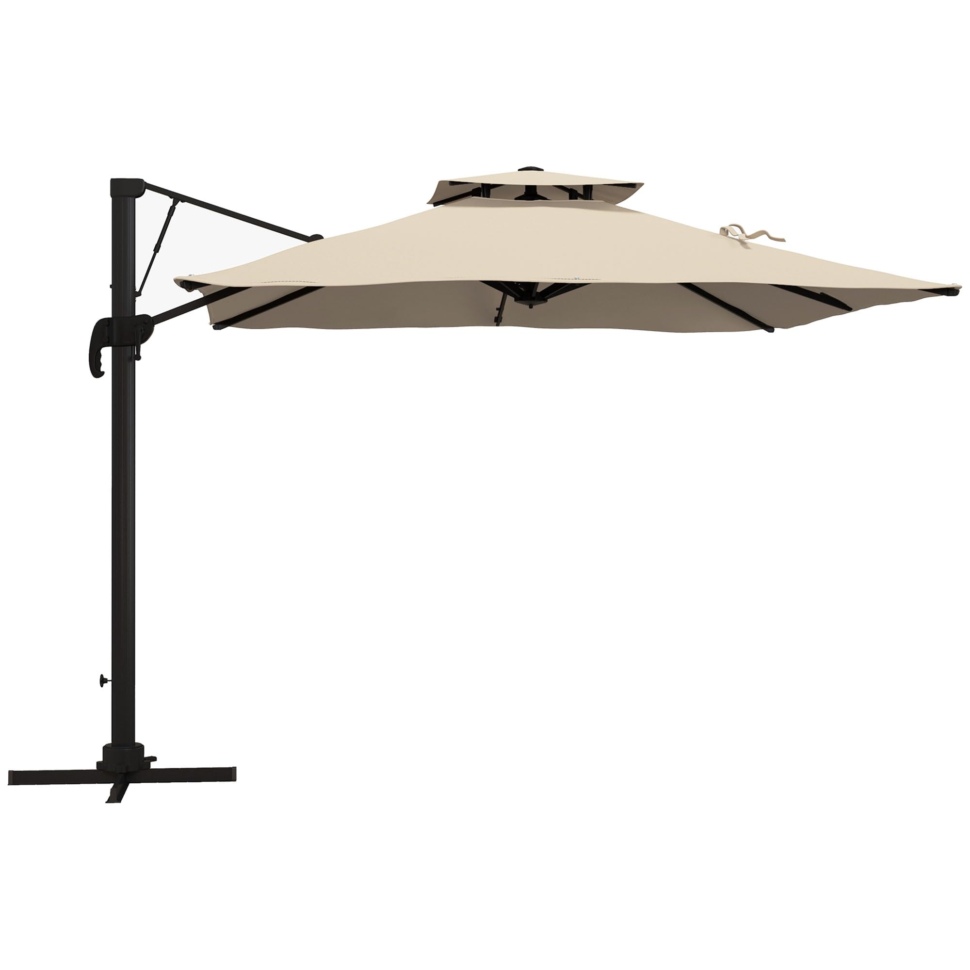 Outsunny Sombrilla de Jardín de Aluminio Parasol Excéntrico con Manivela Techo Doble Inclinable Poste Giratorio 360° y Base Cruzada Caqui