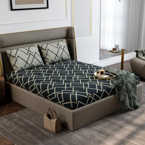 Image of Stoa Paris 100% Cotton King Size Fitted Bedsheet with 2 Pillow Covers, 180TC Printed Bedding Set, All-Season Comfort, Soft & Lightweight, Home Decor, Urbanscape - Slate Lattice (182cmx198cm+30cm)