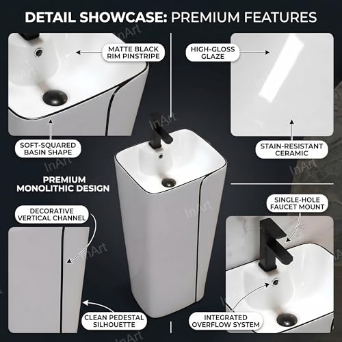 Image of InArt Ceramic Pedestal Wash Basin - Square Free Standing, Glossy White & Black,17x14x34 Inch, Easy Install for Modern Bathrooms (Black 2)