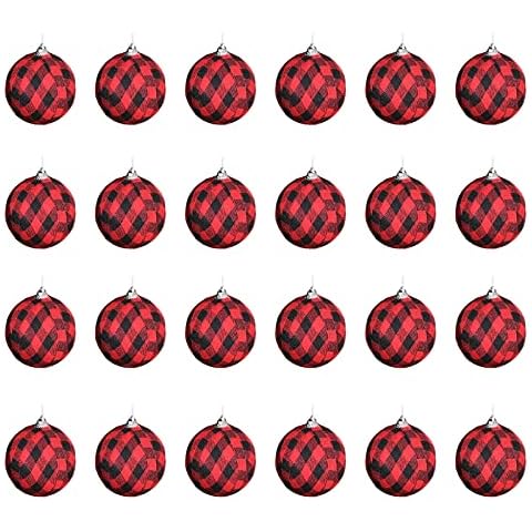 SMLJFO 24PC Christmas Buffalo Plaid Fabric Ball Ornaments Christmas Tree Hanging Ornaments Christmas Check Balls Holiday Party Xmas Tree Decoration Supplies-Red Cover
