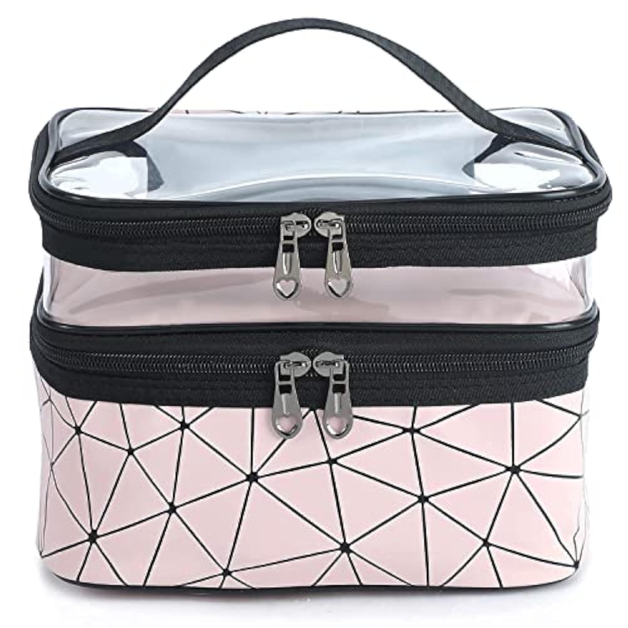 2-Layer Geometric Pattern Travel Cosmetic Bag, Clear Top