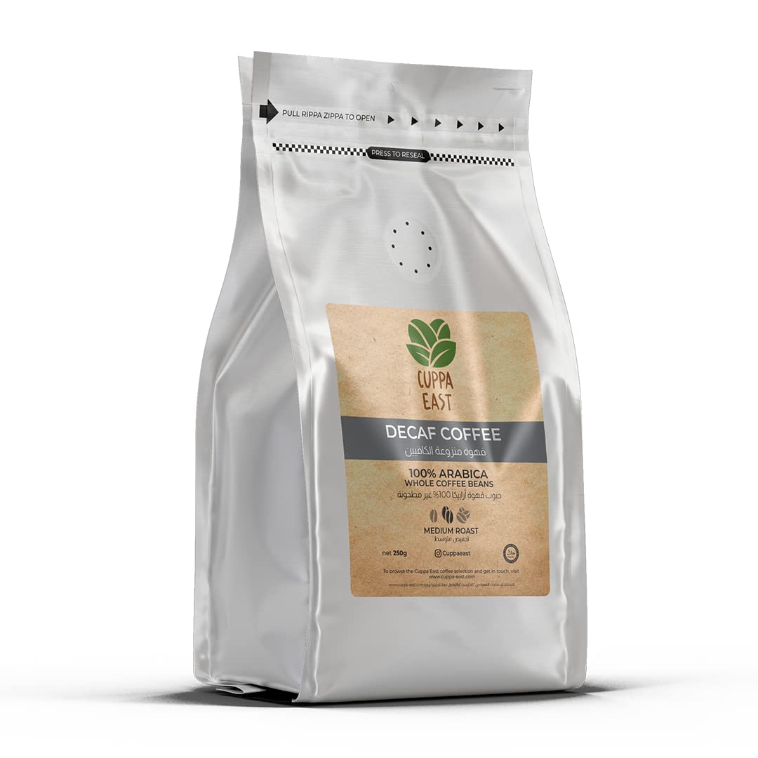 Cuppa East Decaffeinated Colombian Coffee, 99.9% Caffeine-Free Whole Beans, Medium Roast, Citric & Chocolate Flavor, 250 grams