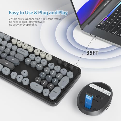 Image of Fogruaden Black Keyboard and Mouse Wireless, Retro Typewriter Keyboard, 2.4GHz 104 Keys Full Size Cute Keyboard with Number Pad, Gradient Colorful Round Keycaps for Windows PC Desktops Laptop