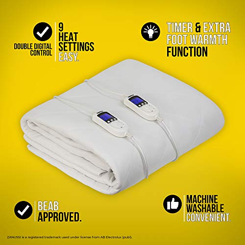 Zanussi Electric Blanket, Heated Double Fitted Underblanket, 9 Heat Settings, Low Energy & Energy Efficient, Machine Washable, Overheat Protection, 135 X 190 cm, 60W, White ZEDB7002, 2 Year Guarantee
