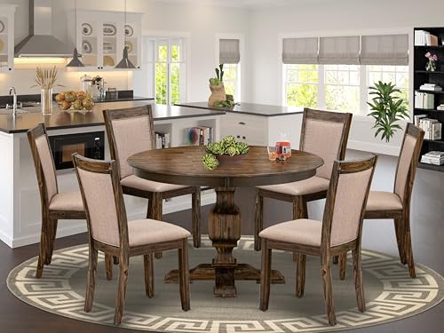 East-West-Furniture-F3MZ7-716-7-Piece-Dining-Set-Consist-of-a-Round-Dining-Room-Table-with-Pedestal-and-6-Dark-Khaki-Linen-Fabric-Upholstered-Parson-Chairs-48×48-Inch-Distressed-Jacobean East West Furniture F3MZ7 716 7 Piece Dining Set Consist of a Round Dining Room Table with Pedestal and 6 Dark Khaki Linen Fabric Upholstered Parson Chairs 48×48 Inch Distressed Jacobean