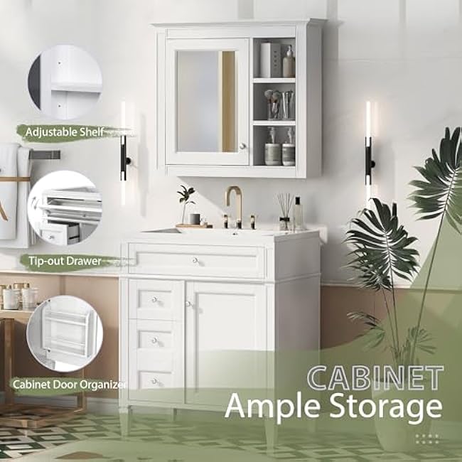 30 Bathroom Vanity with Matching Medicine Cabinet, Modern Sink Storage Cabinet with Drawers, Soft Closing Doors and Shelf, Bathroom Vanities with Sink & Mirror
