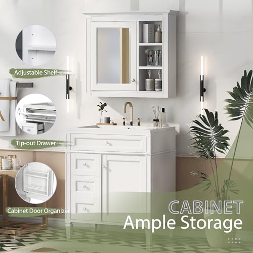 Image of Merax 30 Inch Bathroom Vanity with Sink, Modern Bathroom Vanity Storage Cabinet with Matching Mirror Medicine Cabinet, Solid Wood Frame,Painted Finish, 2 Drawers and 1 Tip-Out Drawer, White