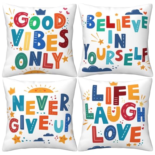 HOSTECCO Inspirational Quotes Cushion Covers 45x45 cm Set of 4 Colorful Motivational Words Classroom Pillow Cases Positive Reading Decorative Pillow Covers for Kids Children Students Office