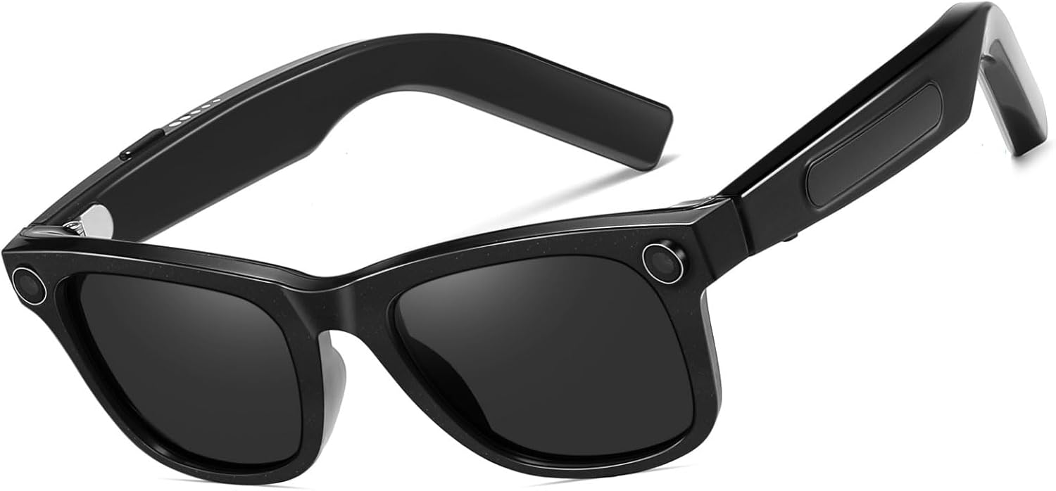 Image of the DUCO AG01 Smart Sunglasses, highlighting the charging port on the left temple.