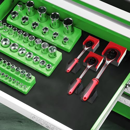 Image of Ratchet Organizer Kit-3 Pack Set with Strong Magnets (Red /Black) | 1 /4 inch, 3 /8 inch, 1 /2 inch Size Ratchets Holder, Ratchet Organizer for Tool Box Drawer, Keep Tools Organized, for Garage, Workshop