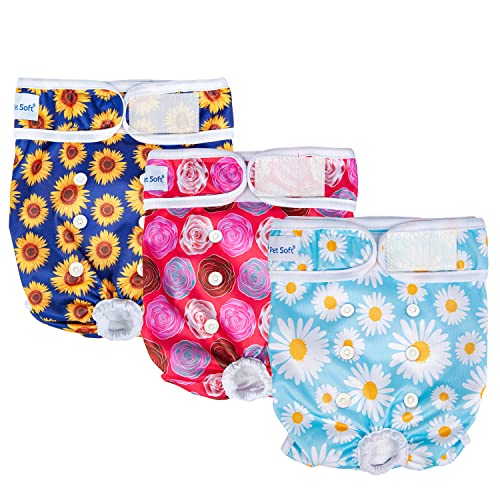 Pet Soft Washable Female Diapers (3 Pack) â€“ Female Dog Diapers, Comfort Reusable Doggy Diapers for Girl Dog in Period Heat (Flower, L)