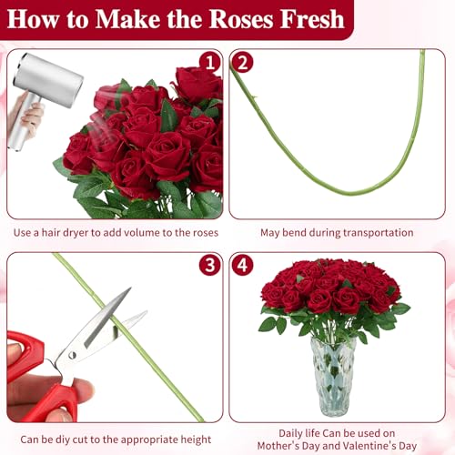 Ovveroche 80 Pcs Roses Artificial Flowers, Silk Crimson Burgundy Artificial Flowers Petals Long Stem Roses for Wedding Bouquet Home Party Decor
