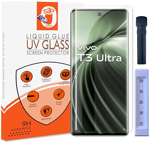 Image of STP FEEL Advanced UV Tempered Glass Screen Protector Guard Compatible For Vivo T3 Ultra 5G (6.77 Inch, Pack of 1) Full Adhesive UV Curved Case Friendly HD Clarity with easy installation kit
