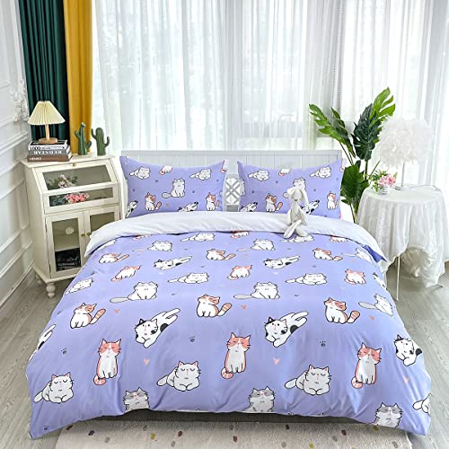 HOSIMA Purple Cats Duvet Cover King Size, Kawaii Cat Bedding Set, Durable Comforter Cover Set for Boys Girls Easy Care (No Comforter)
