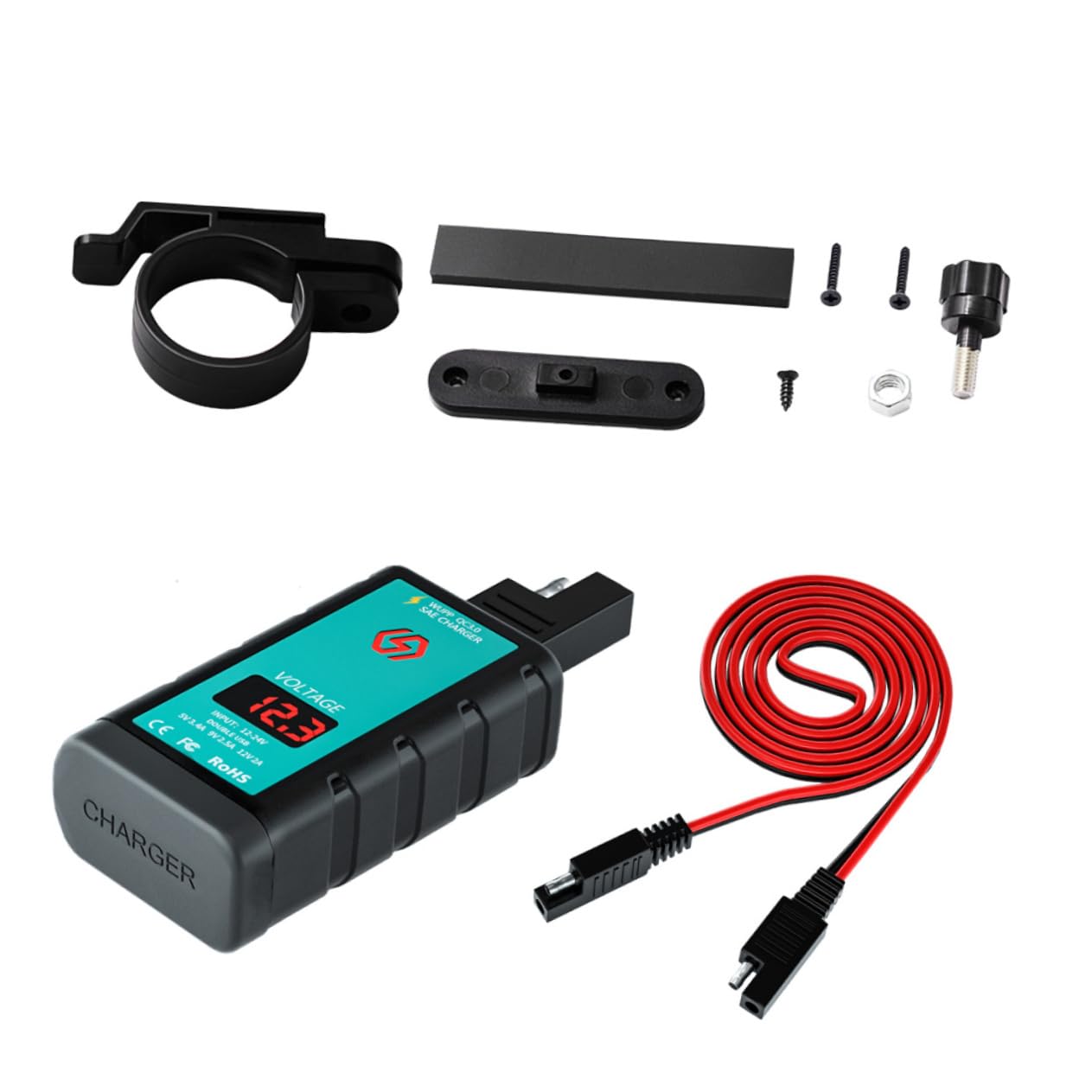 Vaguelly 1Set USB and Type C Charger with Voltmeter and Button for Motorcycles Charging Adapter with SAE Connection for Smartphones and Devices