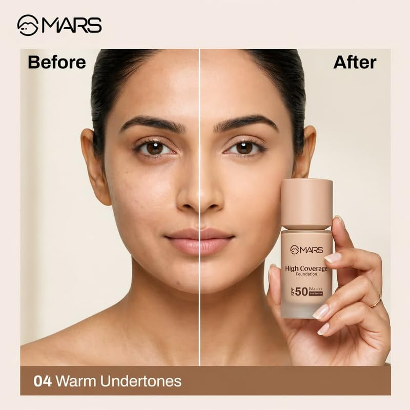 Image of MARS SPF50 PA++++ High Coverage Foundation | Blemish Free & Blendable Makeup | For All Skin Type | IN-VIVO Tested with 5 Star UVA+UVB Protection Boost Rating (40ml) (SHADE-5.5)