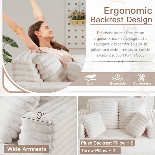 Image of JEEOHEY 56 inch Oversized Chaise Lounge Chair Indoor,Plush Faux Fur Sleeper Sofa Couch Bed with Pillows&Wide Armrests,Fluffy Comfy Cloud Couch,Compression Foam Couch for Living Room,Bedroom(Beige)