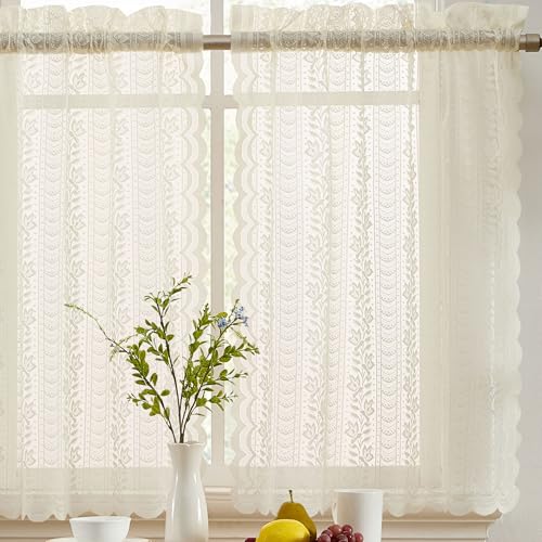 Sophia Floral Rod Pocket Cafe Lace Curtain Tiers, 28x24, Ivory, Set of 2