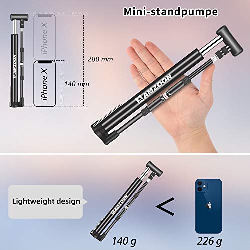 AMZOON Bike Pump with Pressure Gauge Mini Bicycle Pump with 250mm Extra Long Hose Fits Presta & Schrader Valves - Image 5