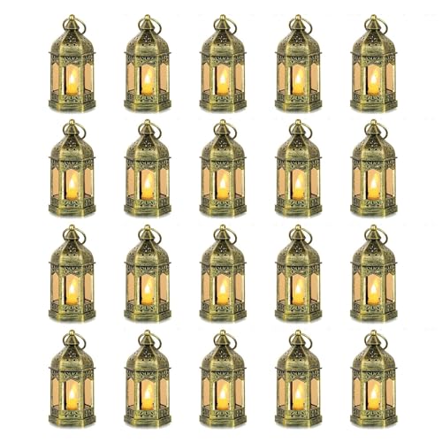 Romadedi Lanterna dorata per matrimonio, set da 20 mini lanterne da appendere, con candele a LED per feste, Natale, Ramadan, giardino, balcone, esterno, orientale