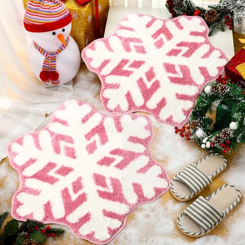 Ceenna 2 Pcs Snowflake Rug Bathroom Rugs Winter Snowflake Doormat Decorative Washable Non Slip Welcome Floor Mat Christmas Doormat for Xmas Home Bathroom Carpet Decorations(Pink)