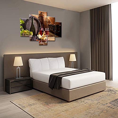 Wine Cellar Canvas Wall Art Wine Bottle And Glass Picture Wooden Barrel Painting For Living Room Multi Panel Prints Artwork Modern House Decor Framed Gallery-Wrapped Ready To Hang Gift(60''Wx40''H) #TOP3