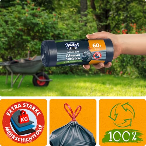 Swirl Schwerlast-Müllsäcke 60 l (3 x 12 Beutel), Mülltüten mit praktischem Zugband, tropf- und durchstoßsichere Müllbeutel für schweren Abfall aus Haus und Garten